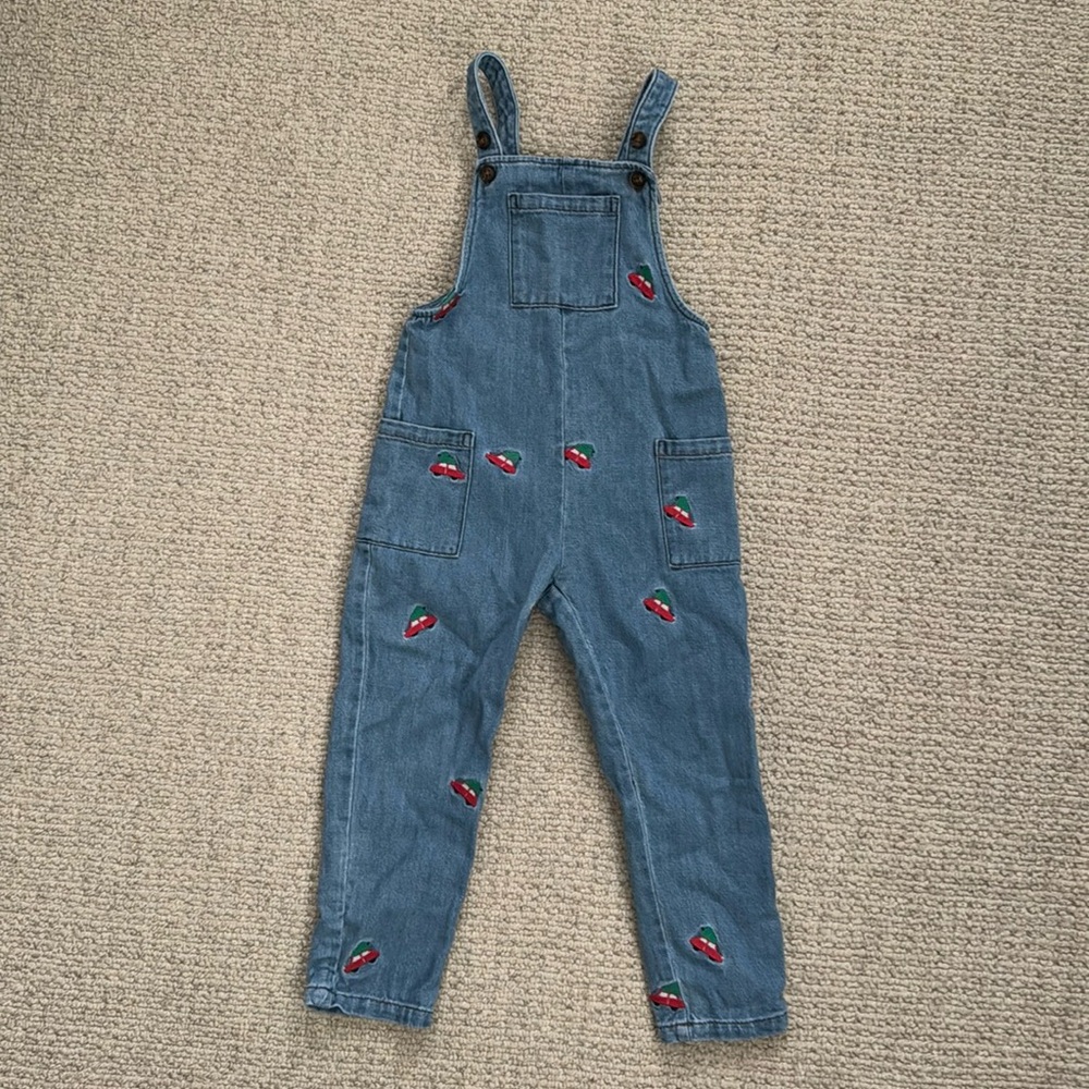 Mini Boden Blue Overalls with Christmas Tree Truck Embroidery